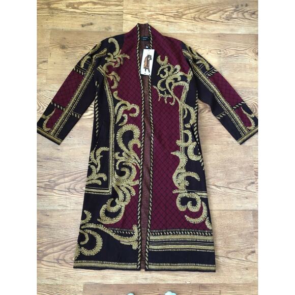 Vertigo Jacquard Black/Red/Gold Long Open Wool Blend Cardigan Sweater Size S NWT - Picture 8 of 11
